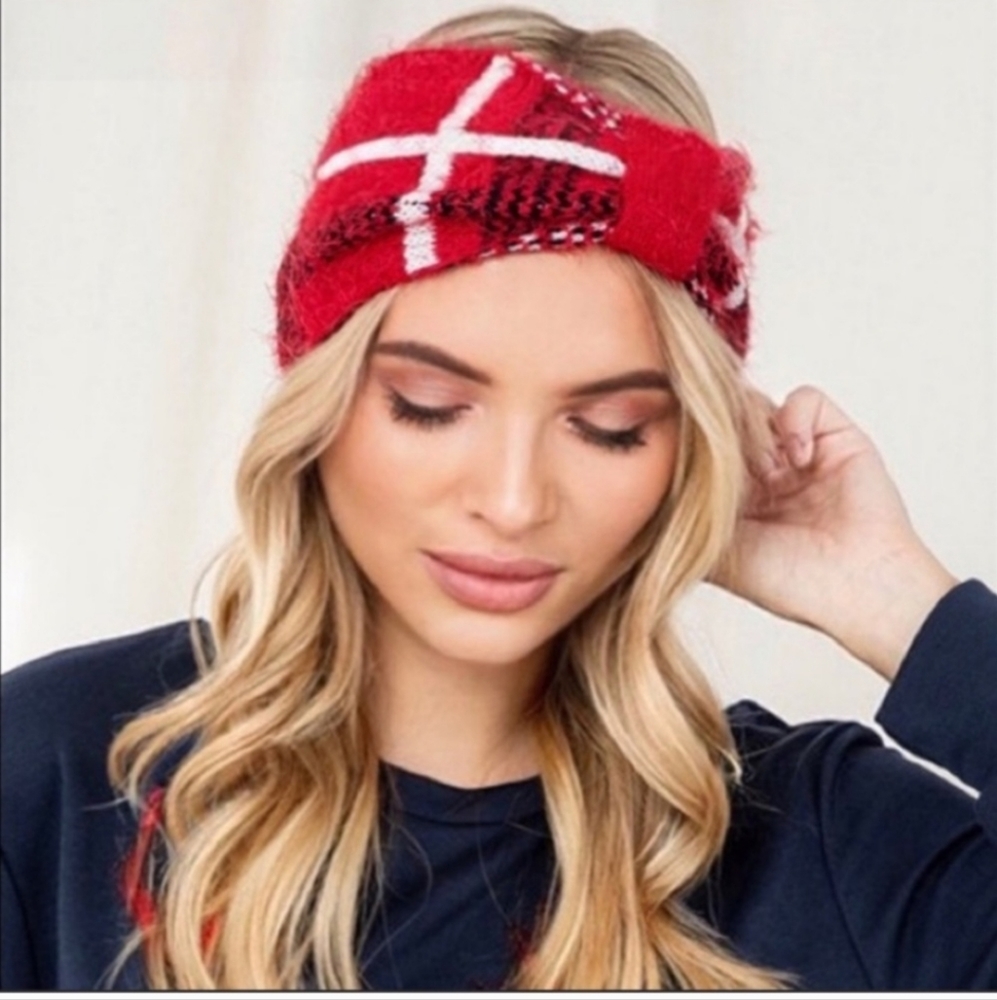 Red plaid head warmer